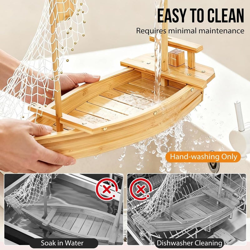 LEQC 31.5 Inch Bamboo Sushi Boat Serving Tray – Extra Large Sushi Platter & Display Board, Japanese Wooden Boat Style for Sushi, Sashimi, Seafood Party, Sushi Serving Plate for Restaurant & Home - Image 5